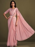 Elegant Pink Crepe Georgette Silk Sequins Readymade Saree